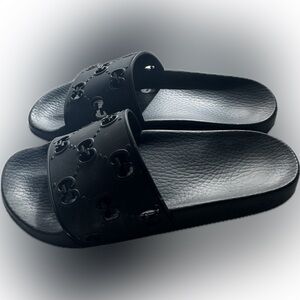 Rubber GG Monogram Perforated Womens Slide Sandals 37 Black